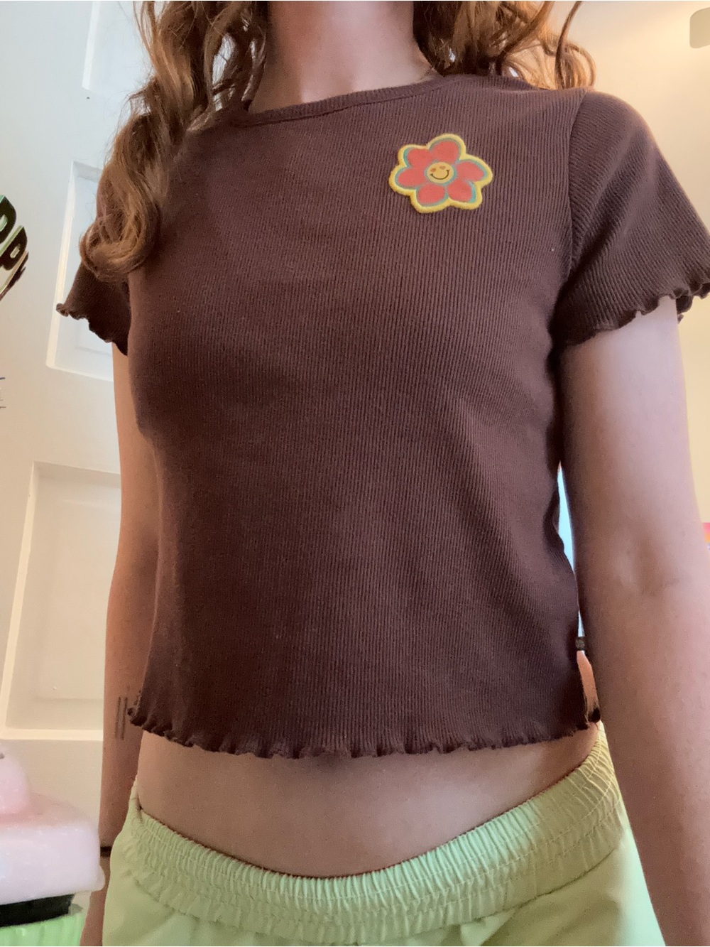 Lucky Brand Brown Ribbed Short Sleeve Tee with Flower Patch